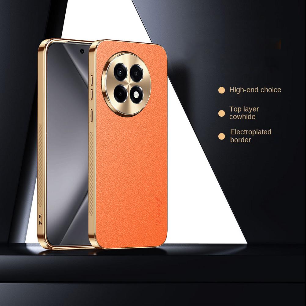 First Layer of Cowhide Lychee Texture Electroplated Frame Case For OnePlus 13R 13 12R One Plus Ace 5 Pro 3 2 Lens Protect Cover