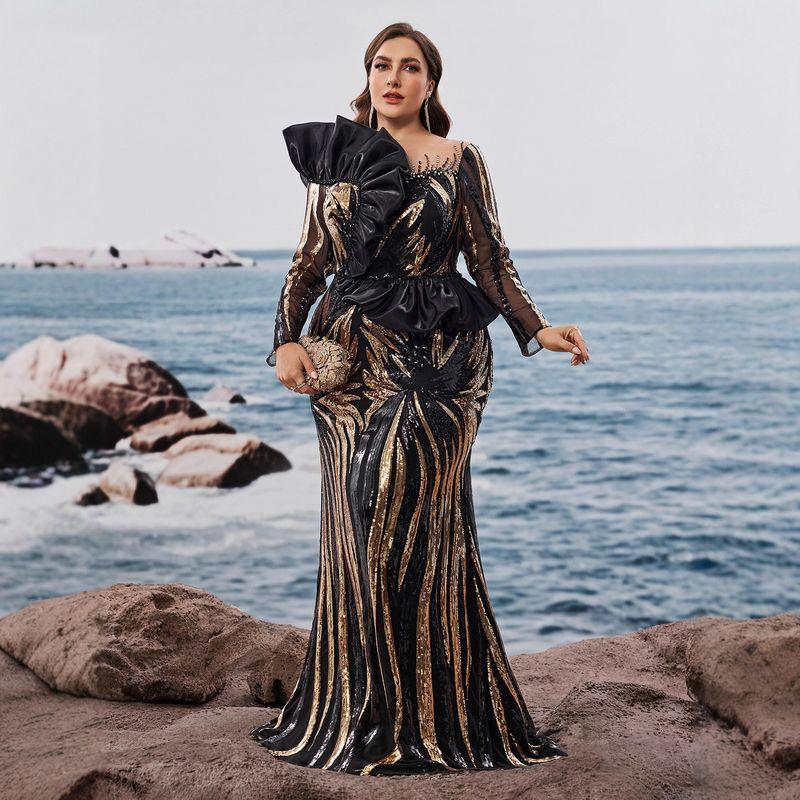 Birthday Wedding Dress Plus Size Dress European and American Long-Sleeved Sequin Embroidered Mermaid Evening Dress Formal Elegant Dress
