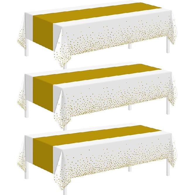 Childom 3 Pack Black and Gold Tablecloths for Events,54"x108" Plastic Table Cloths for Rectangle Tables,Disposable Party Table Covers for New Years