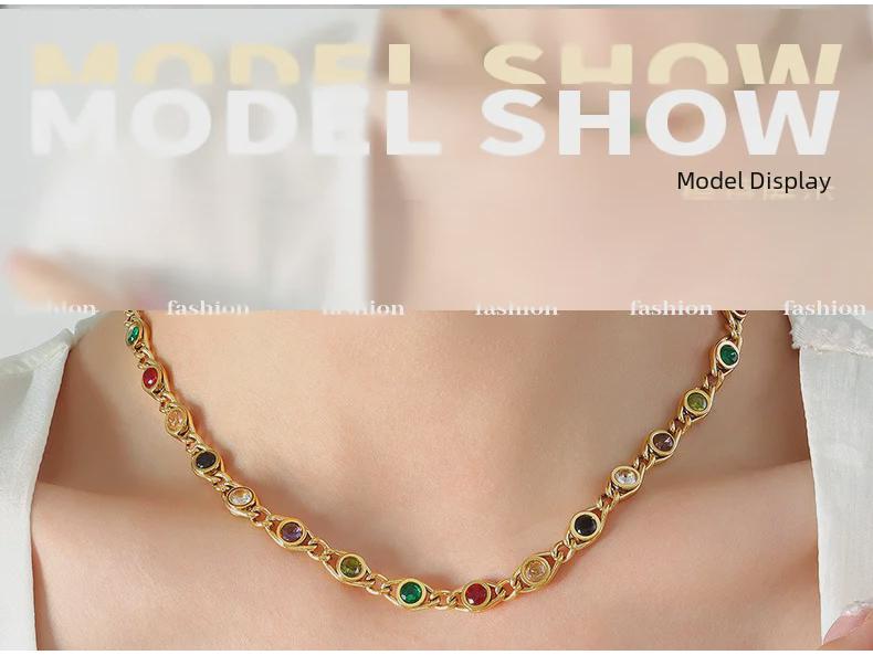 Colorful Zircon Fisheye Necklace & Bracelet Set with Copper Chain