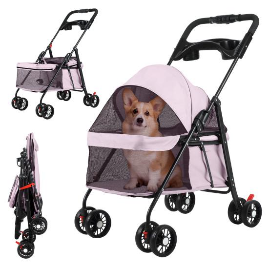 4 Wheels Folding Pet Stroller with Cup Holder, Breathable Mesh for Small Dogs and Cats, 7.5kg Capacity