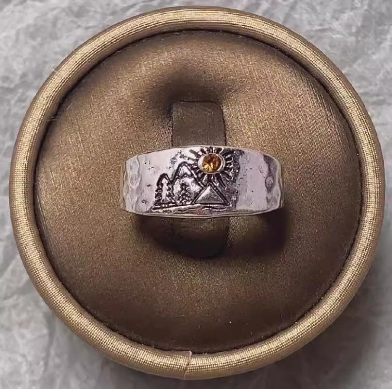 Forest Mountain Sunset Nature Landscape Carved Ring for Women Men Yellow Crystal Rings Wedding Ring Anniversary Gift Wholesales