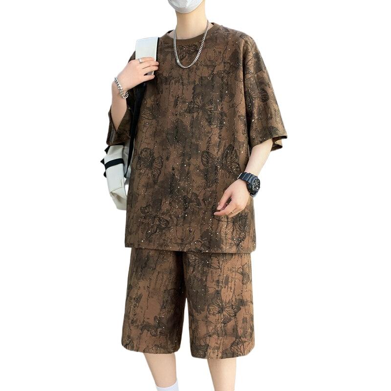 

Летний мужской свободный костюм с принтом «Звездное небо» с короткими рукавами, футболка и шорты 4XL темный кофе