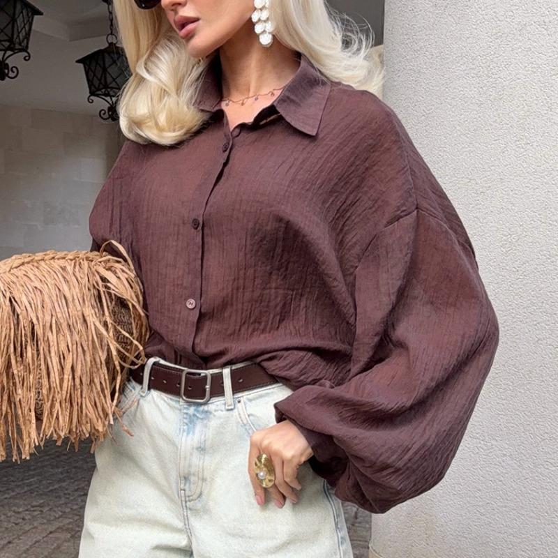 Women S Loose Lantern Long Sleeve Shirt Lapel Button Thin Sun Protection Cardigan