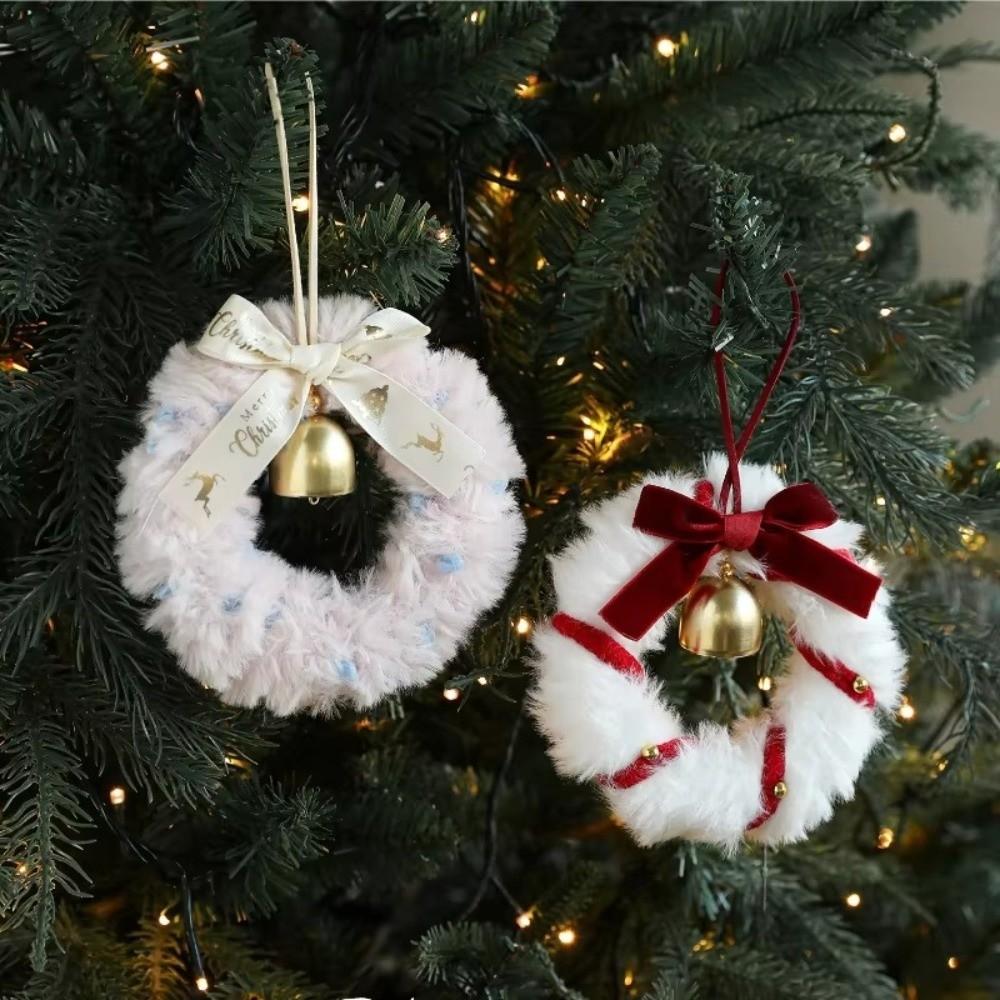 Soft Plush Christmas Wreath Ribbon Bow Bell Accents Christmas Plush Wreath Bowknot Mini Ornament Xmas Tree Wreath Holiday Home