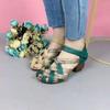 New Summer Top Cowhide Printing Spell Color Trend Sandals Open Toe Genuine Leather Sandals Thick Heel Women Sandal Shoes