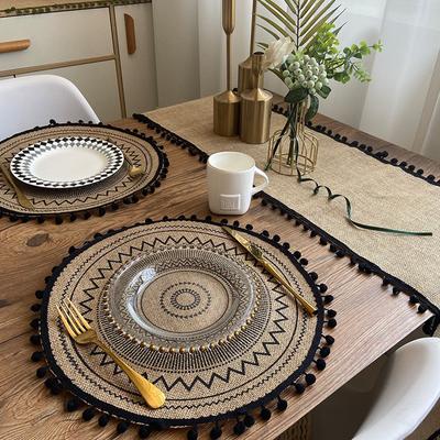 Round Jute Wool Ball Tassel Woven Placemat Decorative Table Mat Retro Insulation Mat