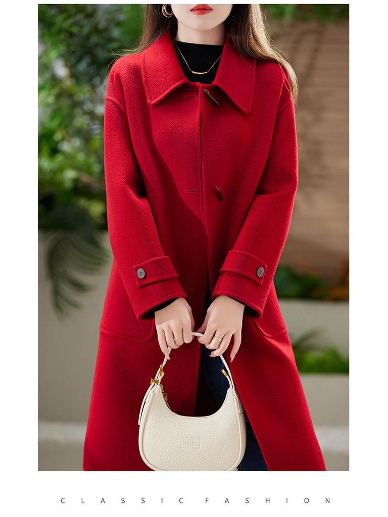 Women's Slim Fit Long Wool Coat with Wide Lapel and Toggle Closure - Double-Faced Woolen Overcoat for Autumn/Winter