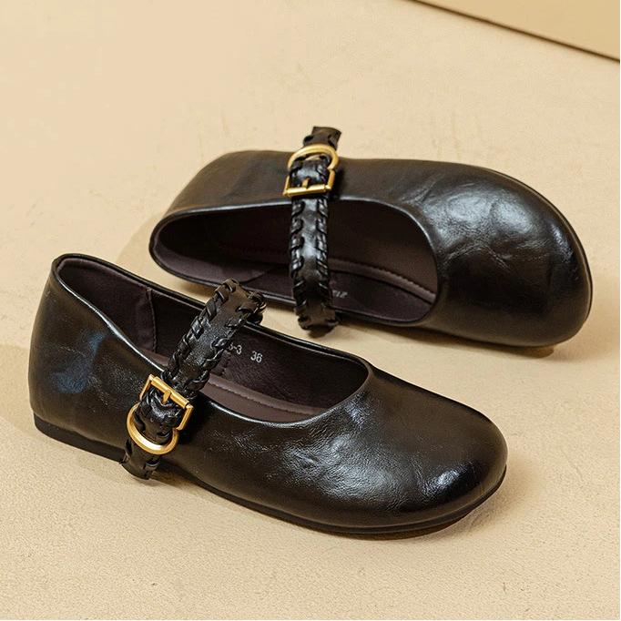 

Vintage Brown Shallow Mouth Single Shoes Spring Flat Bottom Small Single Shoes 35 чёрный