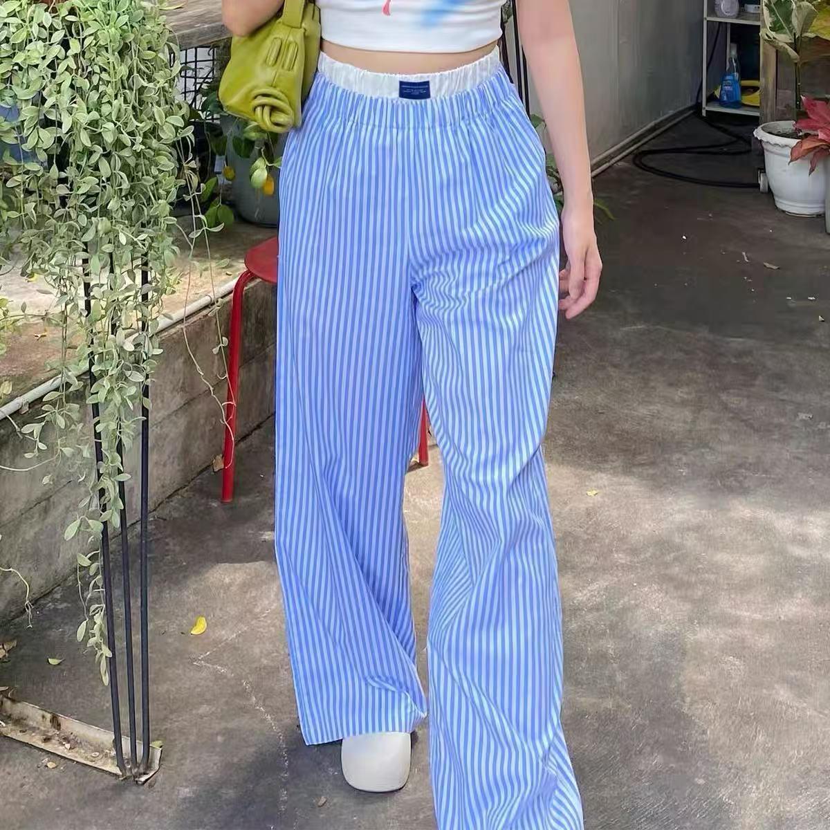 

Unisex Striped Blue-Pink Wide-Leg Casual Pants 2025 L