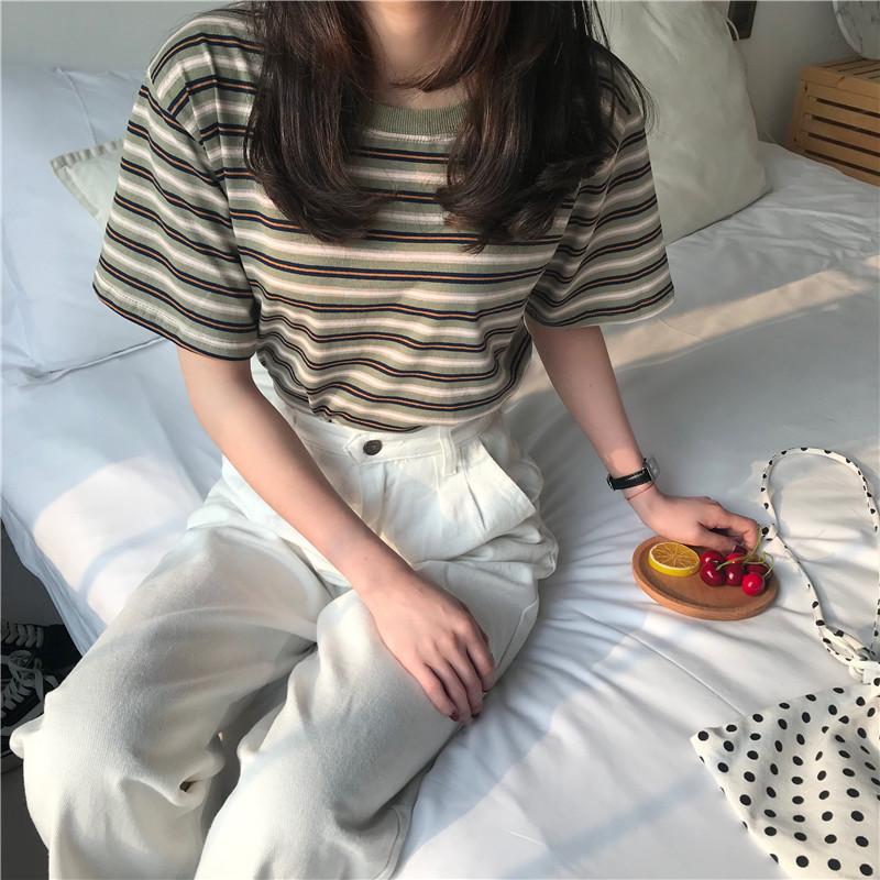

Summer new striped short-sleeved T-shirt women s Korean version bottoming shirt women s student top women s clothing M зелёный