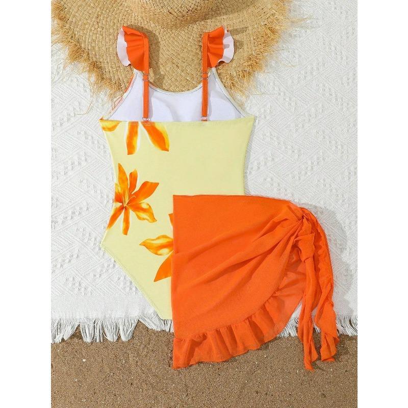 Badeanzug für Mädchen (Tween) mit Blumendruck, 2-teilig, Sommer-Badebekleidung für Urlaub & Strand, Kinder-Mädchen-Badeanzug, Farbe Orange, 8 Jahre bis 12 Jahre