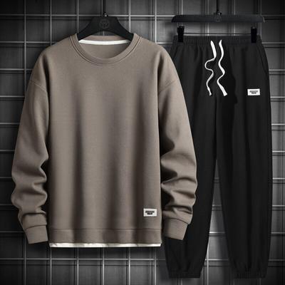 Men's Spring and Autumn Round Neck Pullover Coat + Loose Solid Colour Trousers Casual Sports Two Piece Set