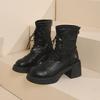 Temperamentvolle vielseitige Martin-Stiefel mit hohem Absatz und dicker Sohle für Damen, Herbst und Winter 2025 neu, wasserdicht, Tischschnürung, Reißverschluss hinten, elastische kurze Stiefel