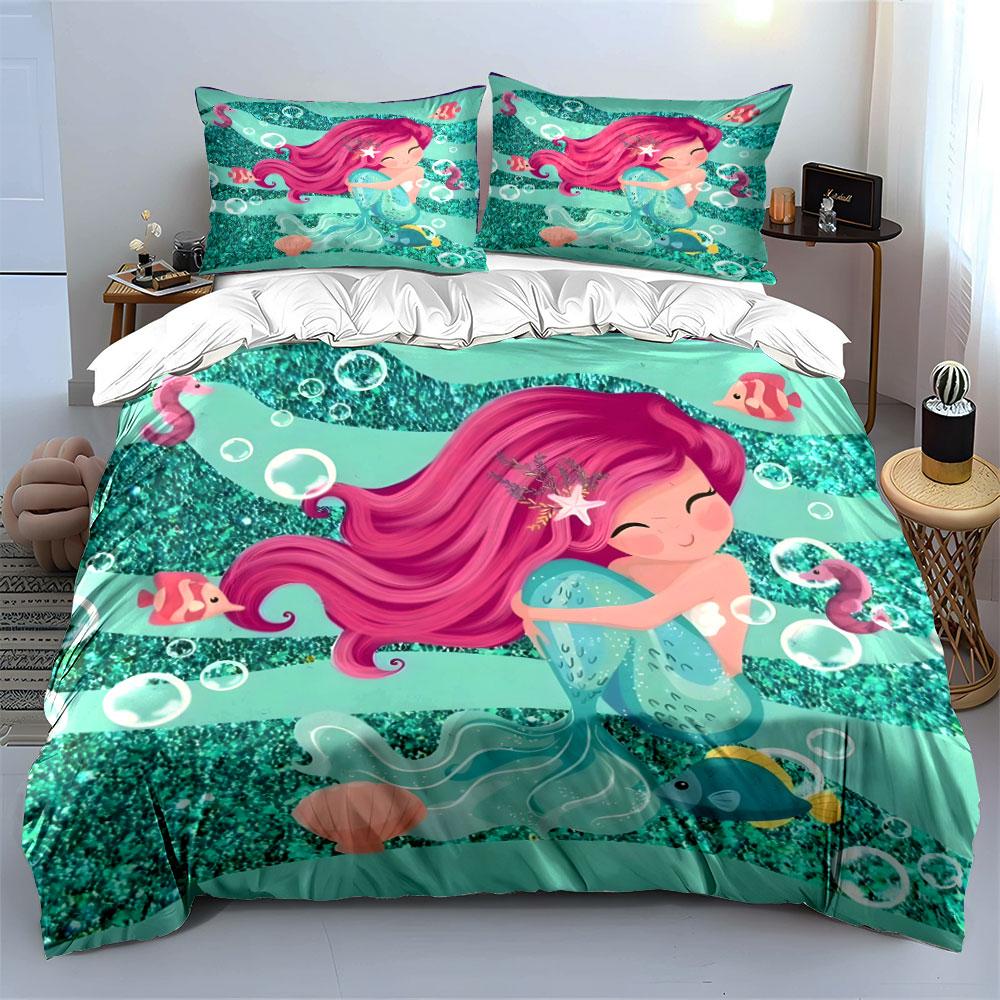 Mermaid Theme Decorative Set Bedding Set with 1 Duvet Cover 2 Pillowcases Single Double King Queen, Gift