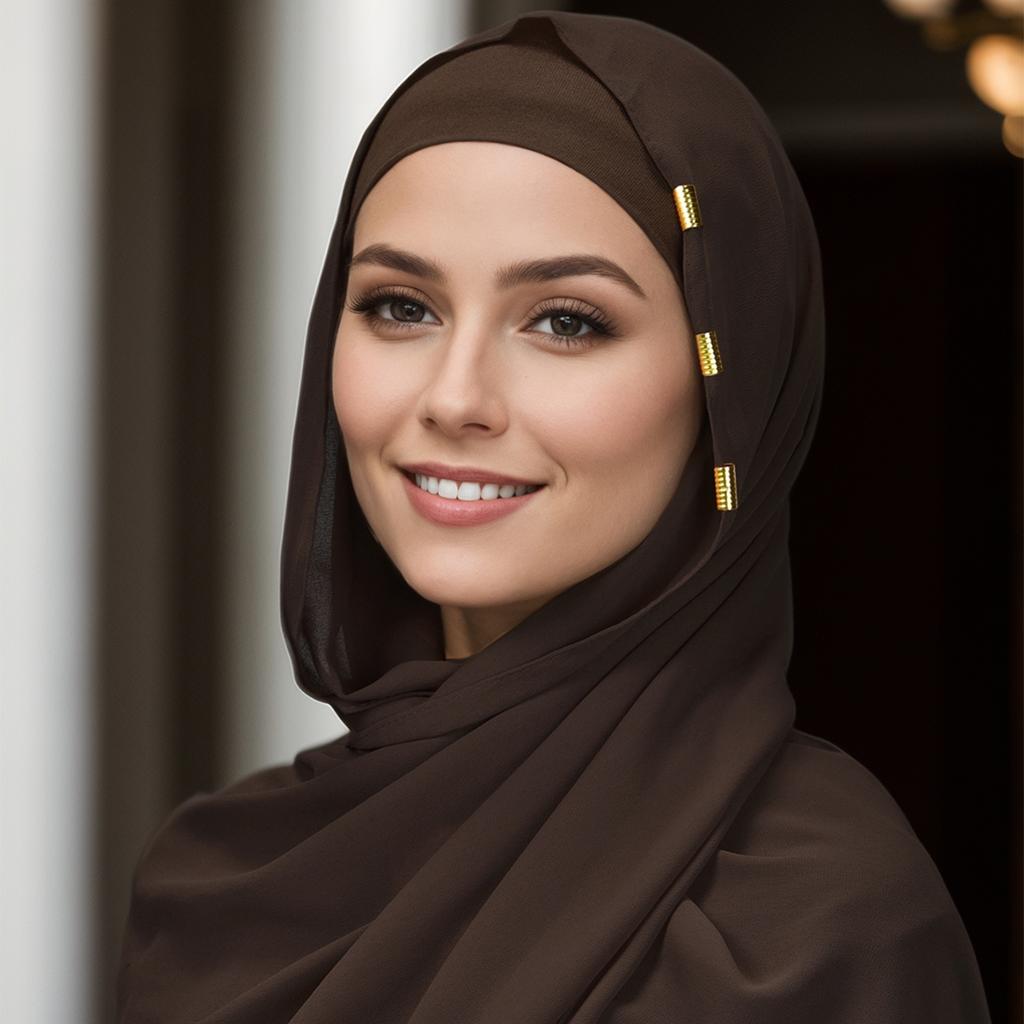 Solid Chiffon Hijab With Scarf Buckle Set Muslim Woman Hijabs Shawls Soft Islimic Turban Headband And Metal Hollow Buckle Set