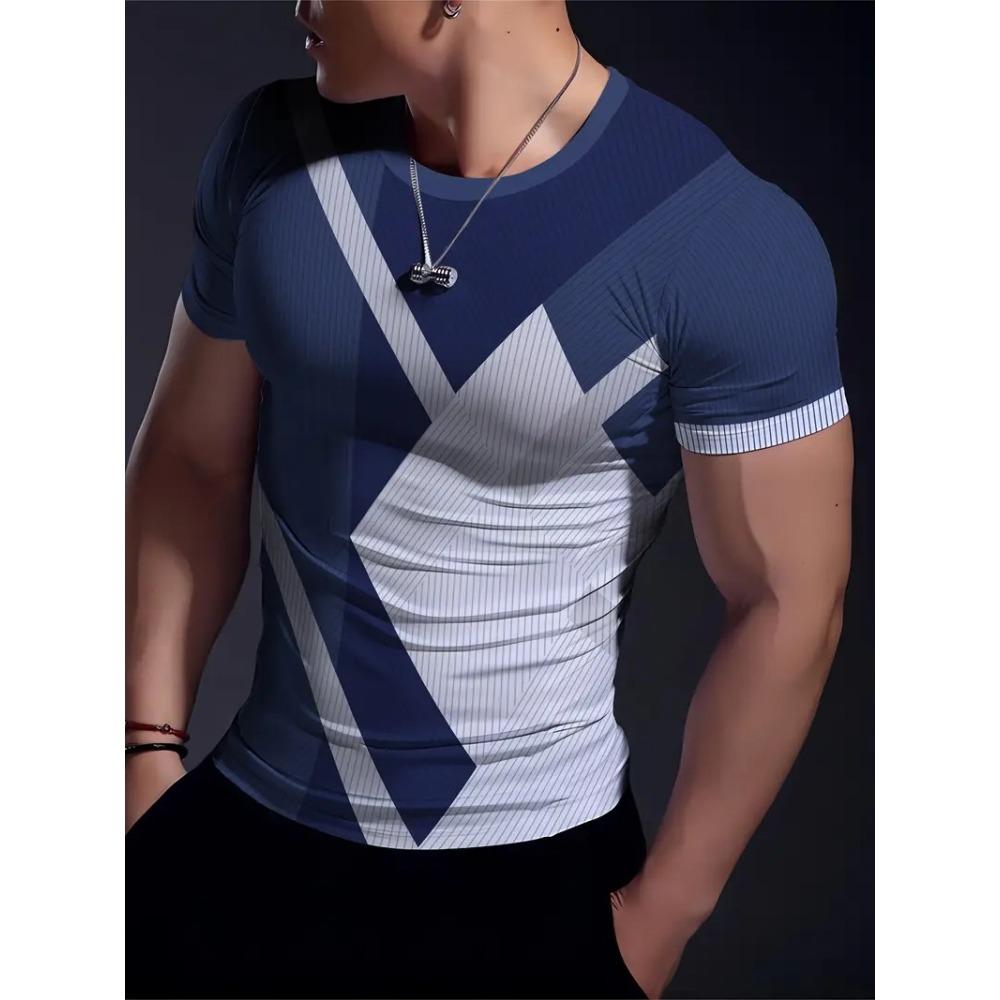 Simple Striped 3D Printed Men's Round Neck Short Sleeve Outdoor Casual Breathable Sweat Absorbent Men's Top Fashion And Fashion