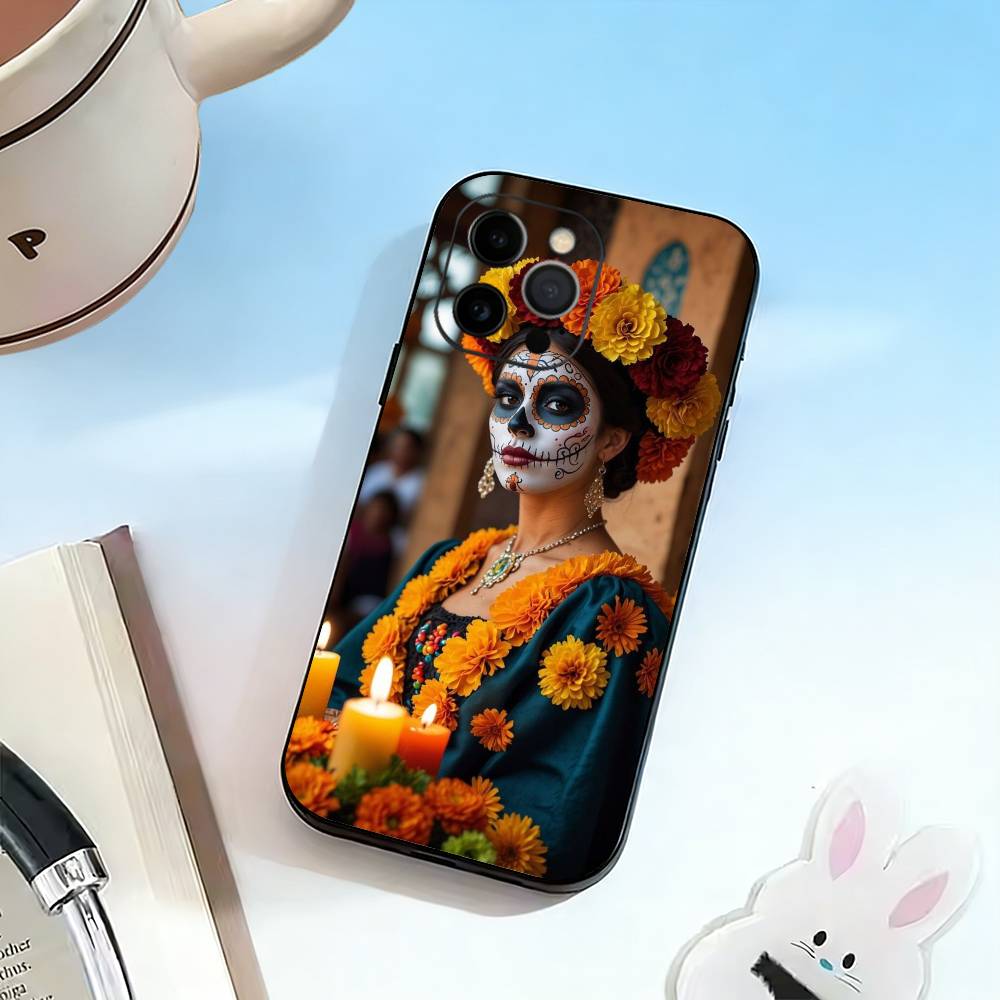 Day of the Dead Skull Phone Case For iPhone 17,16,15,14,13,12,11 Plus,Pro Max,XS,Soft Silicone Black Cover