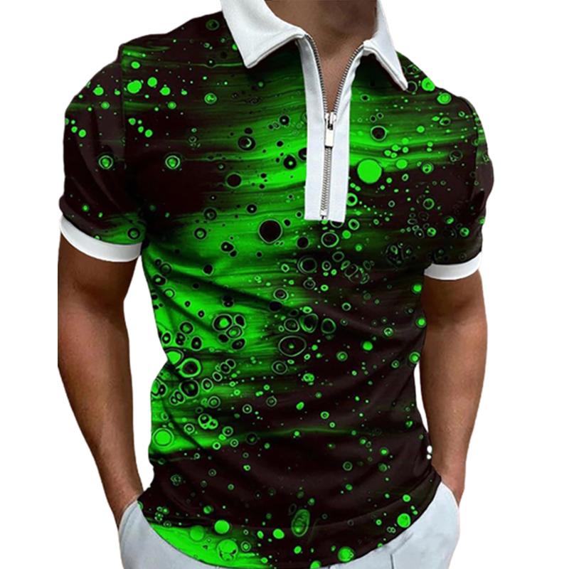 

Повседневная футболка с лацканами, молодежная мужская модная футболка на молнии, футболка с коротким рукавом, мужская футболка с 3D принтом зеленых лучей M зелёный