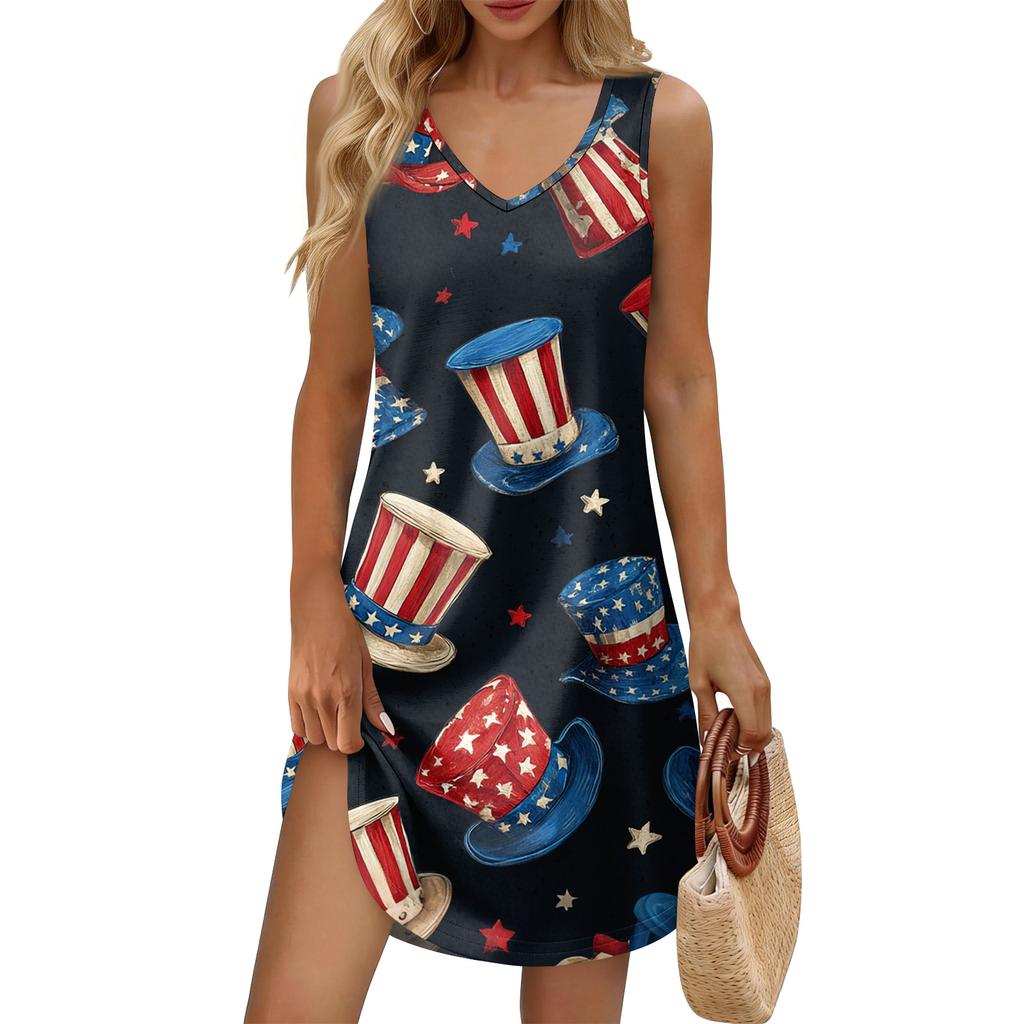 Women's Summer Casual Sun Skirt With Pocket V-Neck Independence Day Printed Loose Vest Dress
