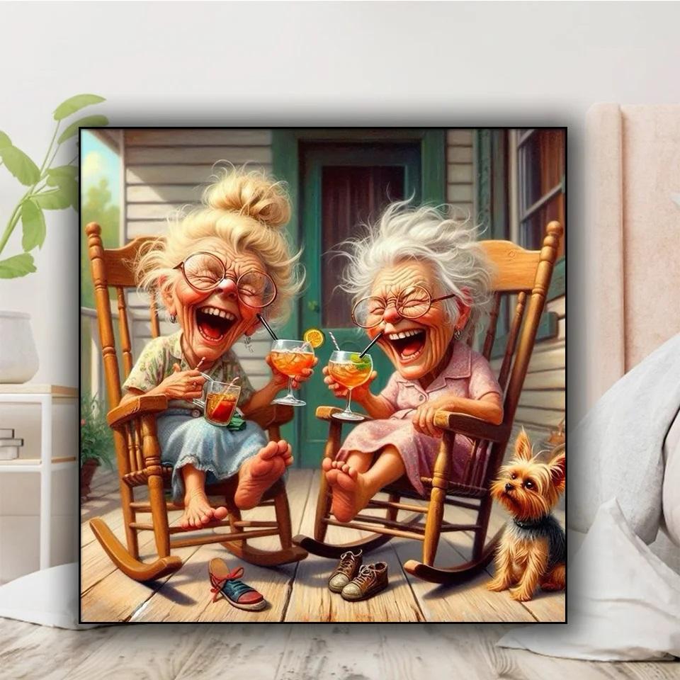 Grandma's Old Fashioned 5D Full Diamond Painting Kits,Happy Grandma And Grandpa Drink DIY Drills Mosaic Embroidery Cross-Stitch