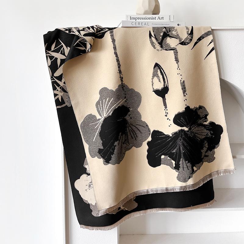 Guochao ink and wash wind contrasting colors double-sided imitation cashmere scarf winter high-end warm shawl