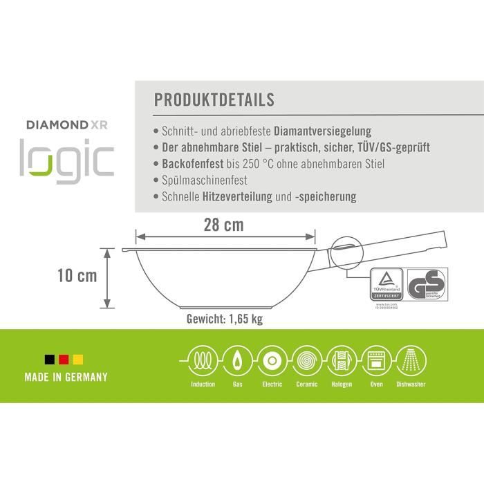 Poêle WOLL - Diamond Logic XR Pro - Ø 28 Cm - Noir - Compatible Induction - 5 Couches Anti-coupure