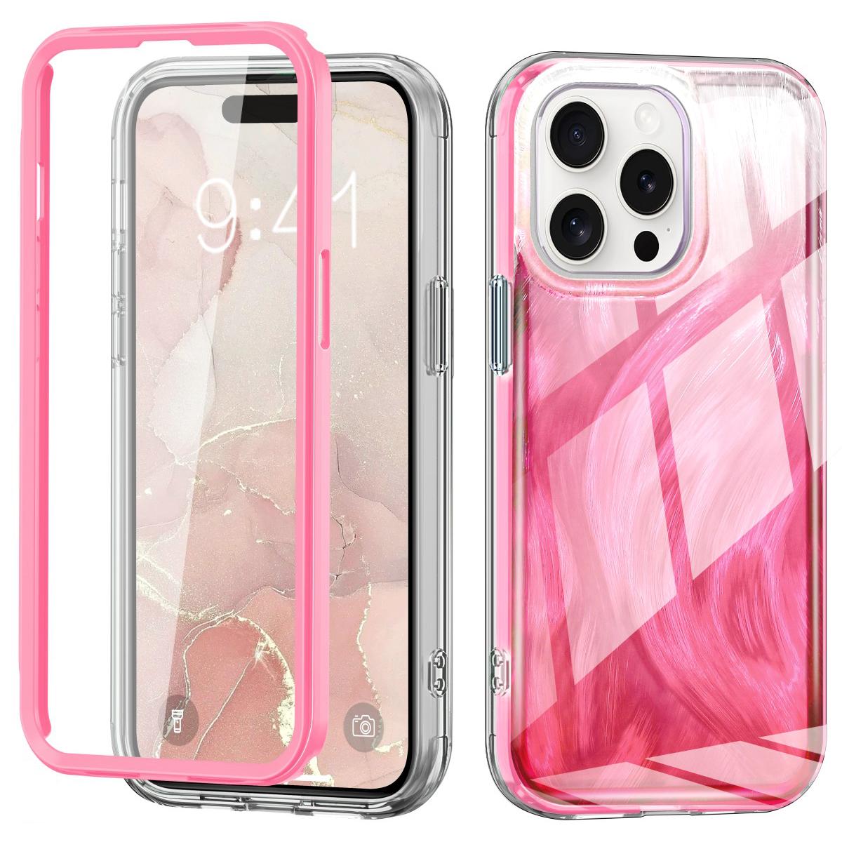 

For iPhone 16 Pro Max Case Gradient Feather Pattern PC+TPU Phone Cover Built-In PET Screen Film Rose