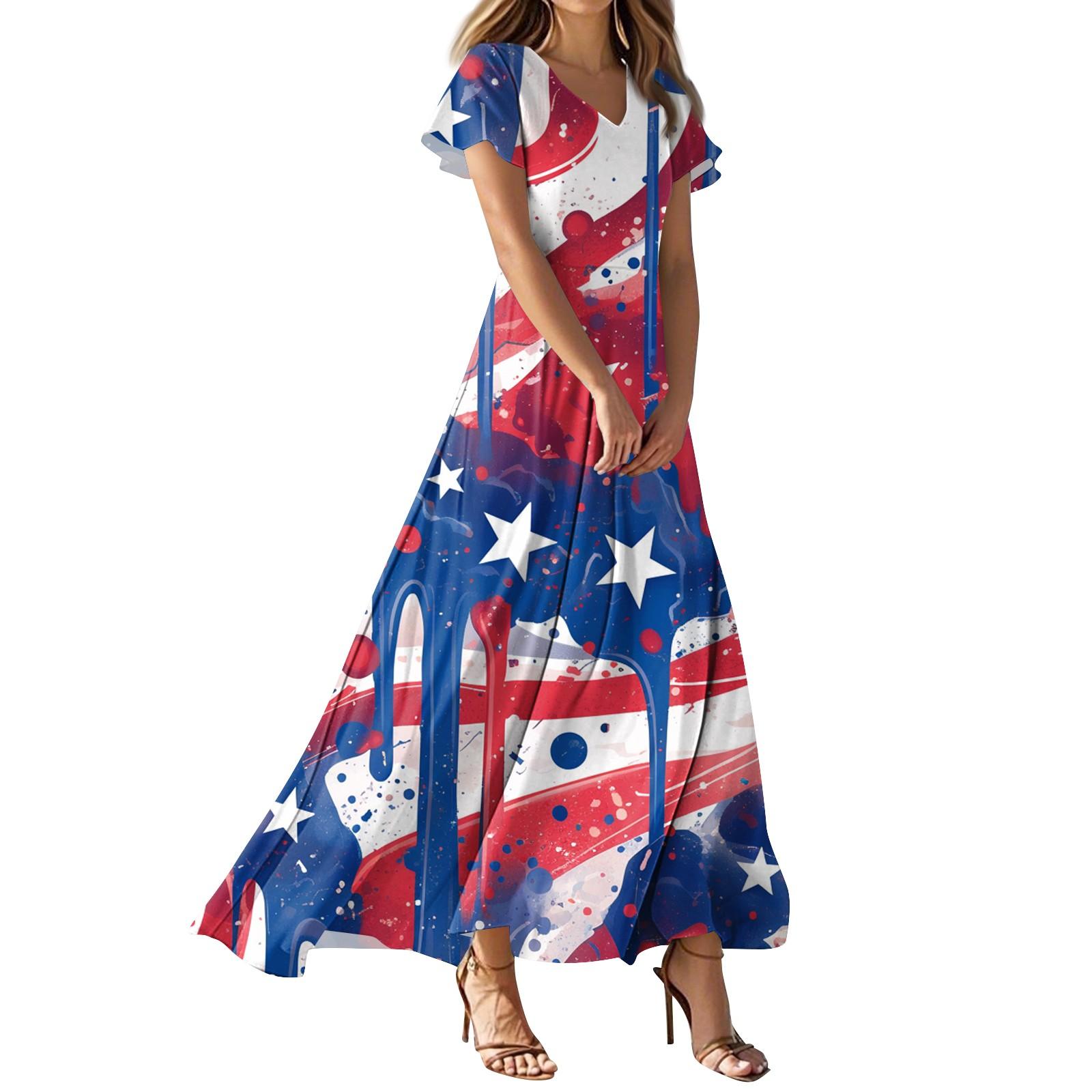 

Жіноча повсякденна сукня з V-подібним вирізом і високою талією, принтом прапора на День незалежності L синій