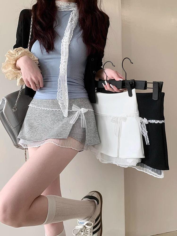 Bowknot Sweet Lace Patchwork High-Waisted A-Line Skirt - Summer Spicy Style Anti-Exposure Hip-Hugging Short Skirt for Women.