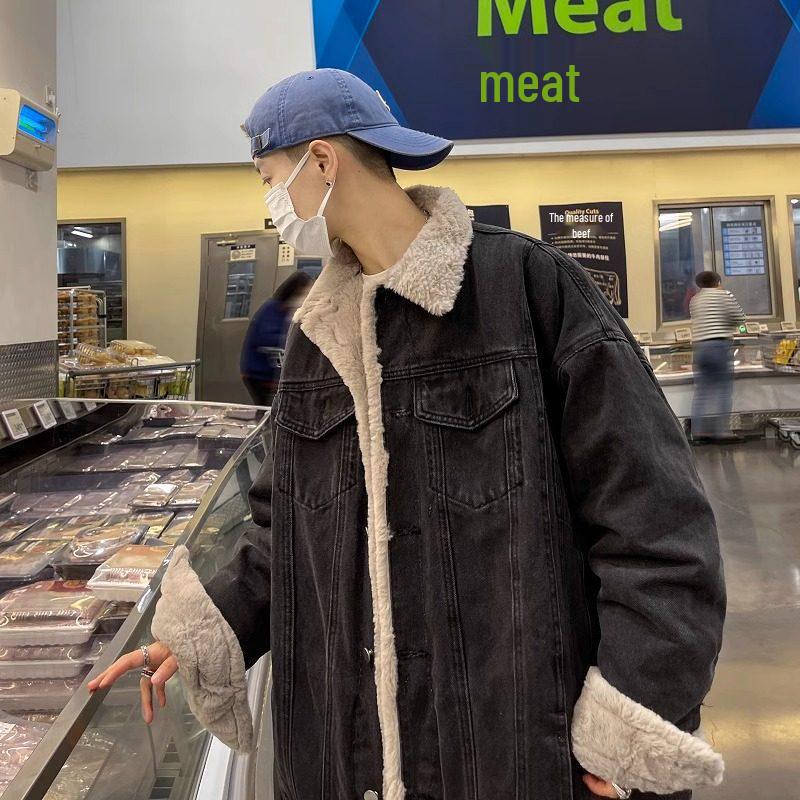 Men's Korean Style Winter Lambswool Denim Jacket - Fleece Lined, Thick Cotton Coat.