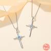 925 Sterling Silver Cross Blue Zircon Pendant Chain Necklace For Women Wedding Jewelry