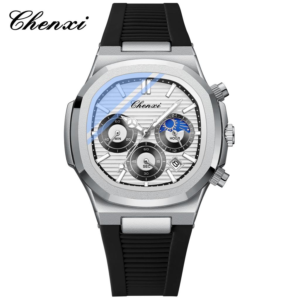 Original CHENXI Watches For Men Classic Edition Quartz Watch Night Light Calendar Lunar phase Waterproof Tape Round Men's Watch