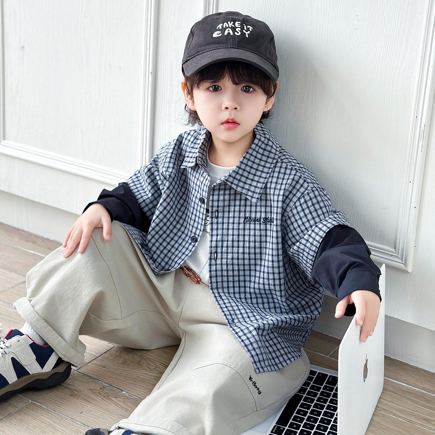 Boys Plaid Faux Two-Piece Shirt Jacket - Kids New Academy Style 2026 Top 120 cm