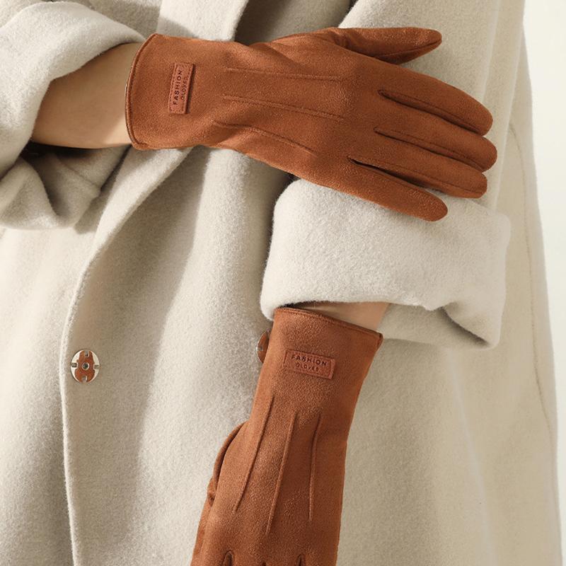 Autumn Winter Thin Not Bloated Suede Stripe Women's Gloves Keep Warm Touch Screen Elasticity Fashion Elegant Outdoor Cycling