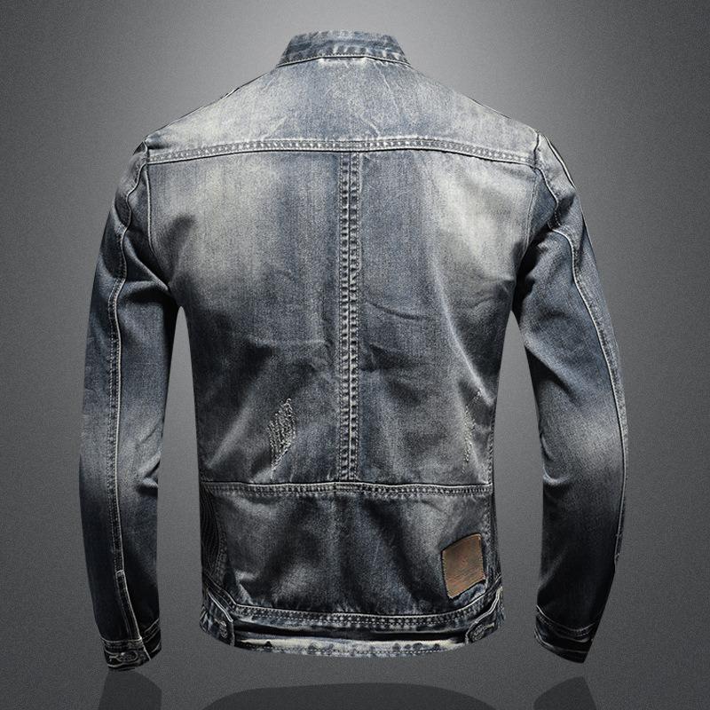 Military Denim Jacket Men Spring Autumn Motorcycle Slim Fit Cowboy Jackets Mens Vintage Wash Oblique Zipper Jean Coats Size 4XL