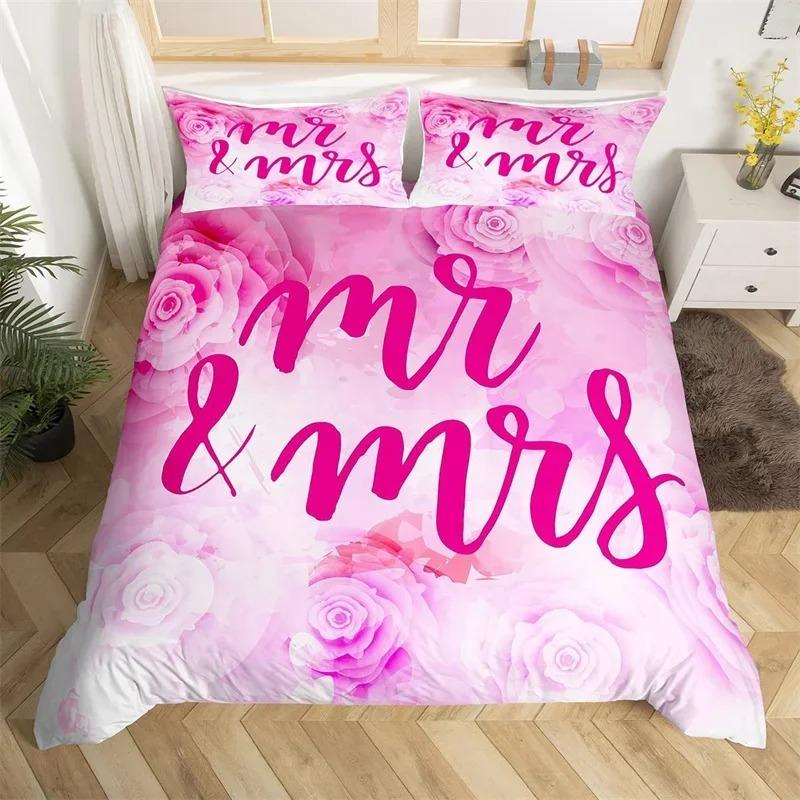 Set Biancheria da Letto Mr Mrs Microfibra Romantico Tema Matrimonio Set Copripiumino King Per San Valentino Citazioni Divertenti Cuore d'Amore Copripiumino