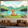2D Orange Cat Watching Mountain Lake Tapestry Cartoon Nature Wall Hanging