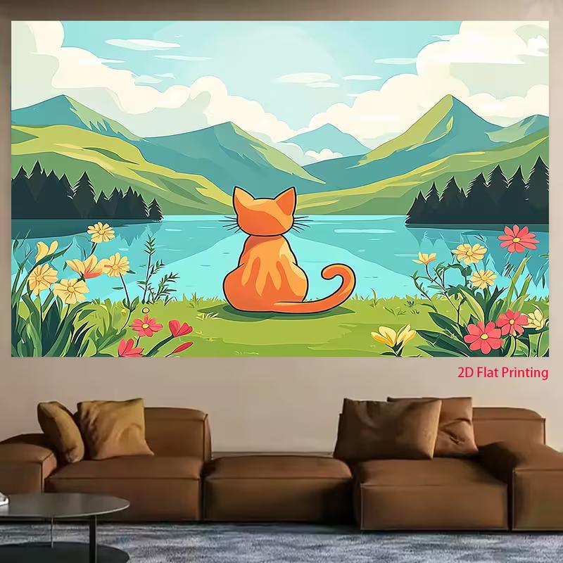2D Orange Cat Watching Mountain Lake Tapestry Cartoon Nature Wall Hanging