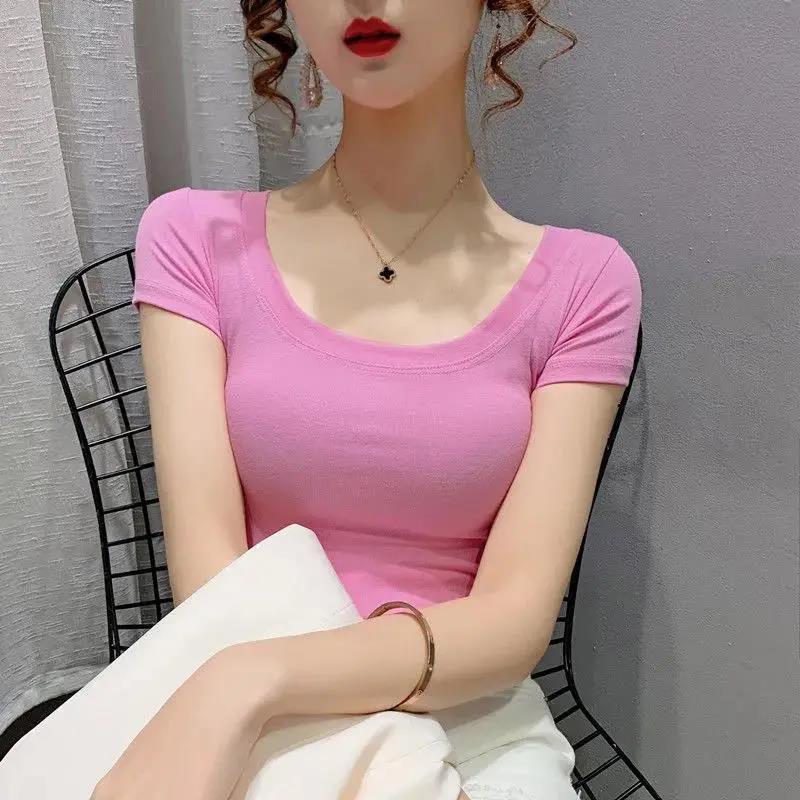 Damen Sommer U-Ausschnitt Kurzarm T-Shirt Damen Enganliegendes Unterhemd Großer Ausschnitt Einfarbig Tiefer Ausschnitt Enganliegende Oberteile