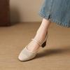 Krazing Pot Sheepskin Round Toe Thick Heels Summer Shoes Solid Big Size 42 Hollow Decoration Women Shallow Pumps