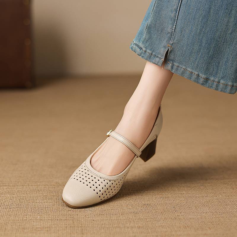 Krazing Pot Sheepskin Round Toe Thick Heels Summer Shoes Solid Big Size 42 Hollow Decoration Women Shallow Pumps
