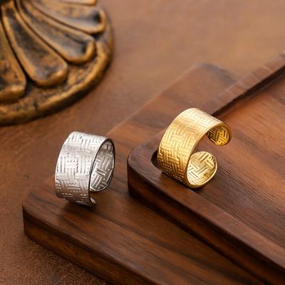 Minimalist Old Money Style 18K Gold-plated Stainless Steel Woven Pattern Wide Band Open Rings for Women Daily Wear Party Jewelry