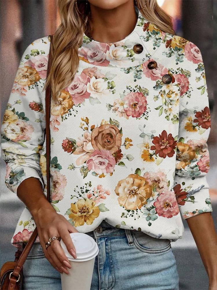 Lässiges Stehkragen Langarm Regular Fit Digitaldruck Damen Oberteile Pullover Trendiges Grafikdesign Bequeme Alltagskleidung für Damen