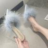 2025 new Internet celebrity fluffy slippers women wear pointed high heels fitting room shoes half drag mid-heel cool slippers 33