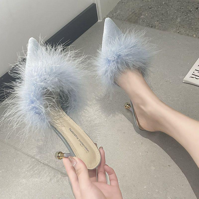 2025 new Internet celebrity fluffy slippers women wear pointed high heels fitting room shoes half drag mid-heel cool slippers 33