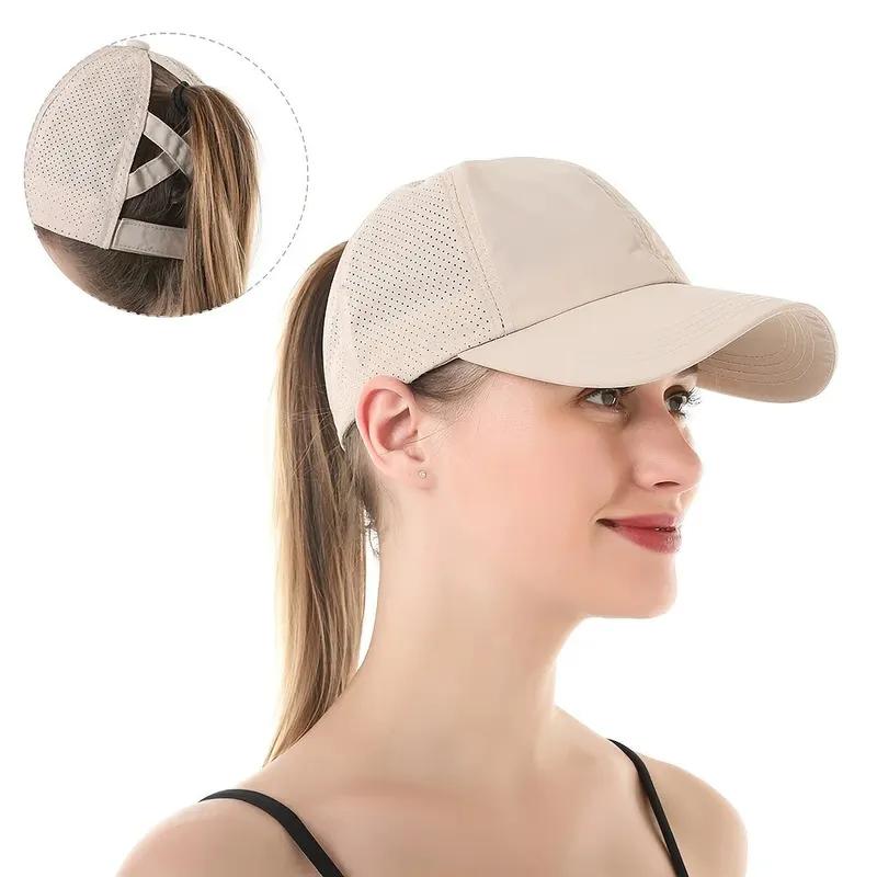 Women's Summer Baseball Cap, Breathable Mesh Sports Hat, Adjustable Solid Color Sun Hat Quick-Dry Casual Unisex Visor with Ponytail Hole