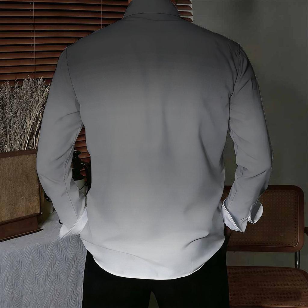 Men Collared Shirt Black White Gradient Solid Tone Long Sleeve Button Down Top