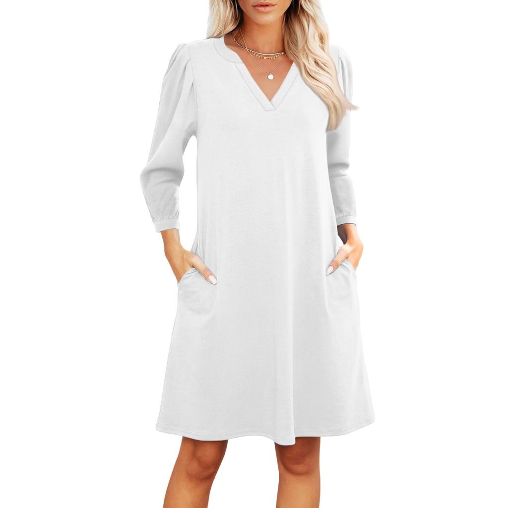 Women's Fashion V-neck Casual Beach Dress Three-quarter Sleeves Solid Dress