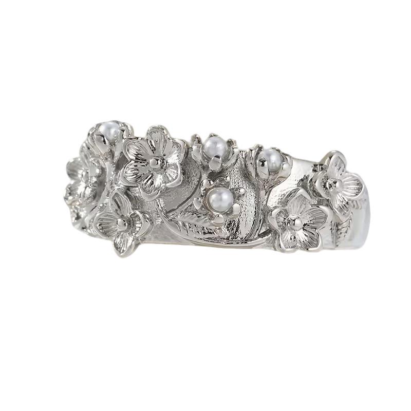 Yanbai Women's Faux Pearl Rose Flower Ring - Vintage Elegant Style